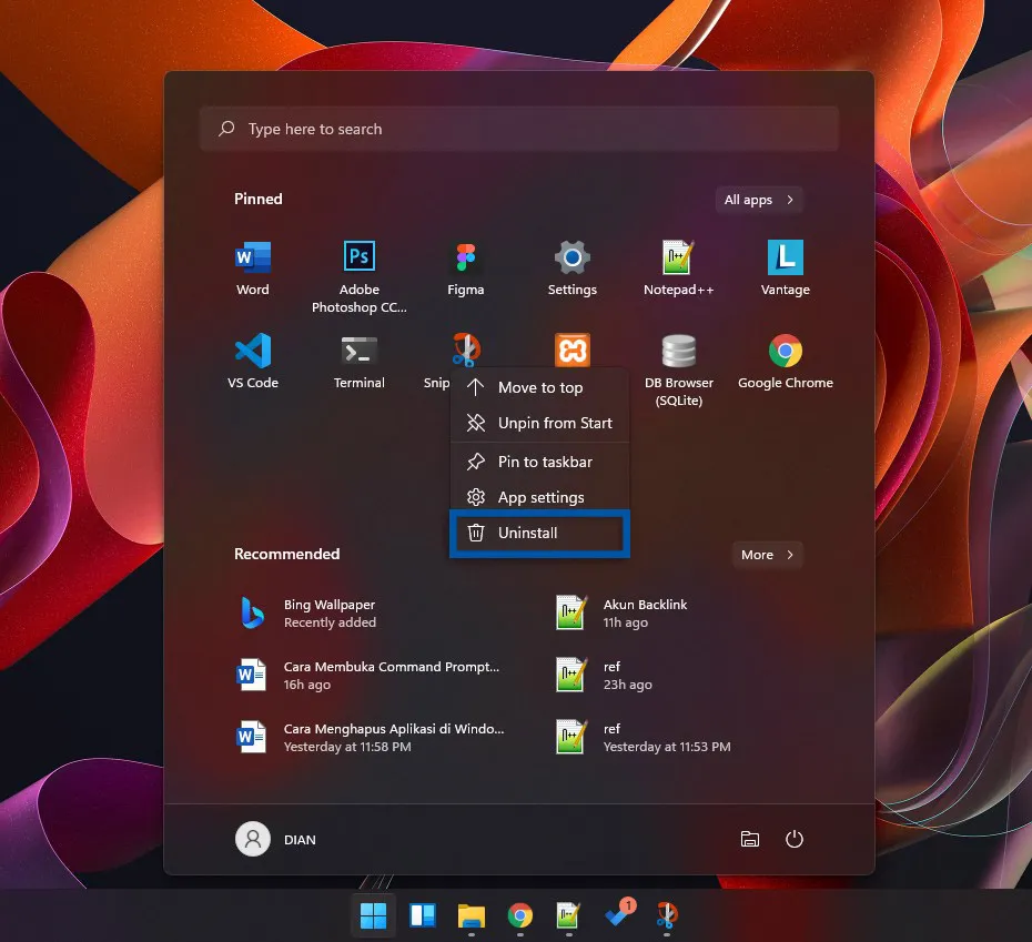 1 Uninstall dari Start menu Windows 11