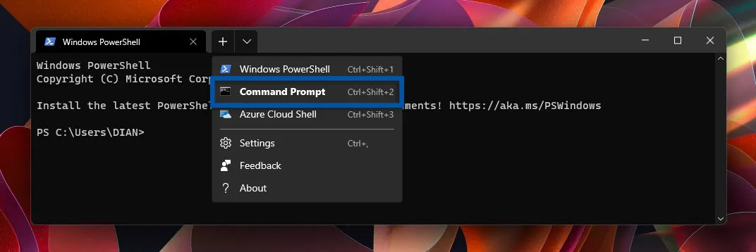 2 Beralih ke Command Prompt di Windows Terminal