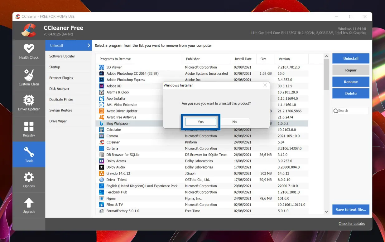 2 Hapus aplikasi di CCleaner Windows