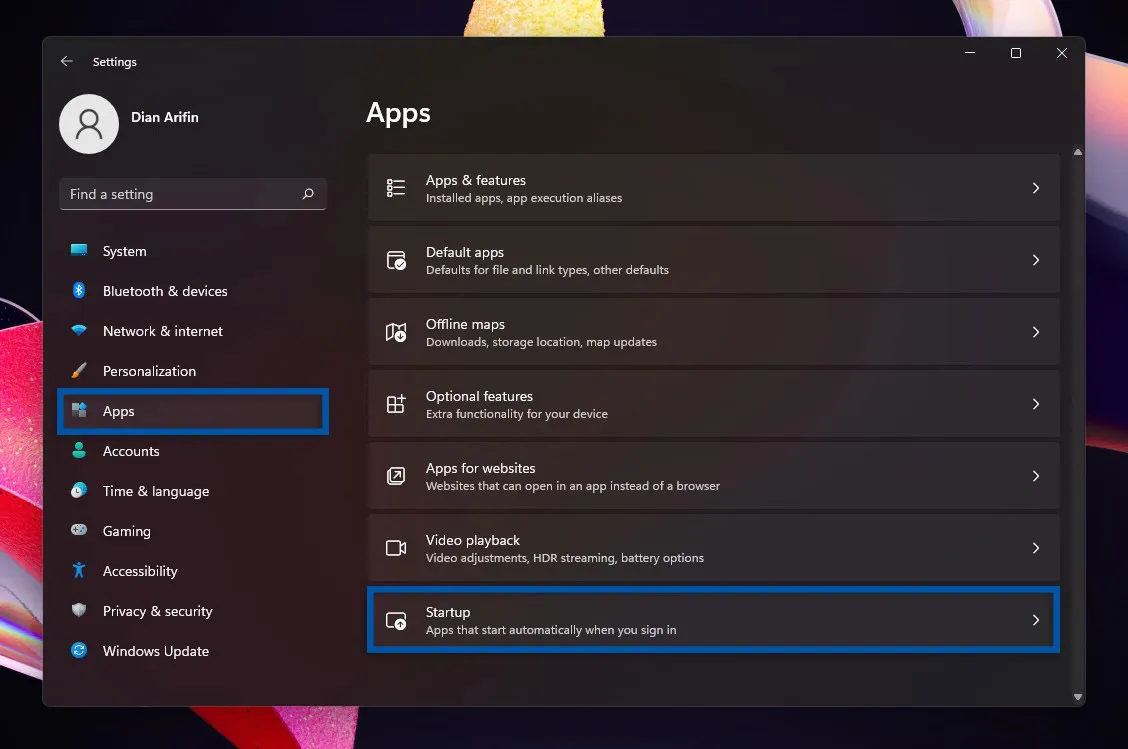 2 Pilih fitur Startup Windows 11