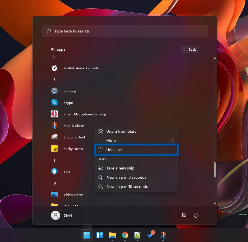 2 Uninstall dari Start menu Windows 11