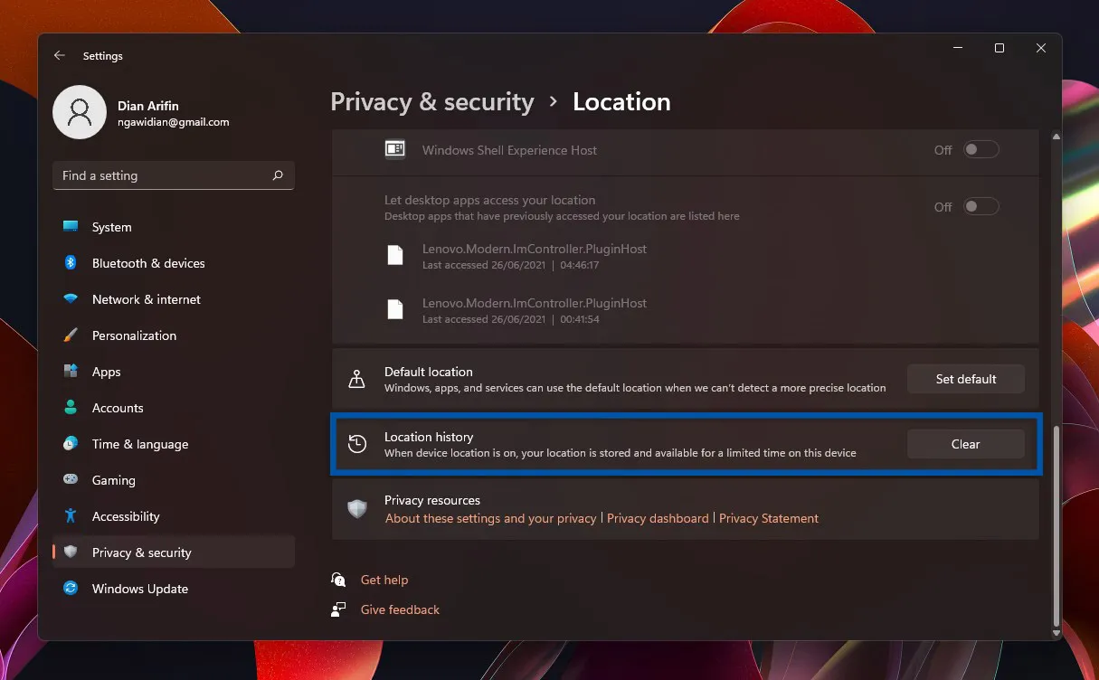 3 Klik Clear untuk menghapus riwayat lokasi