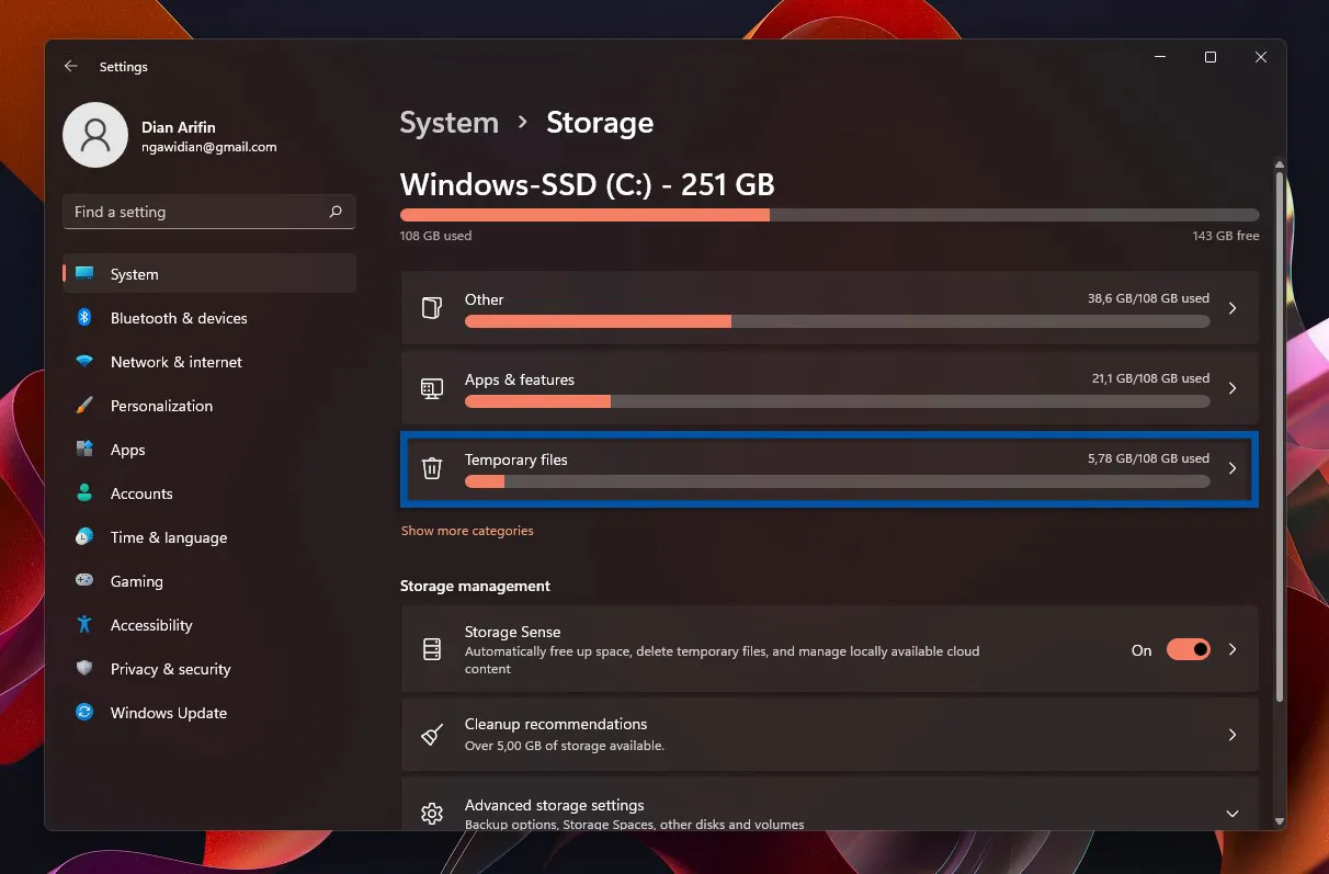 3 Pilih fitur Temporary files Windows 11