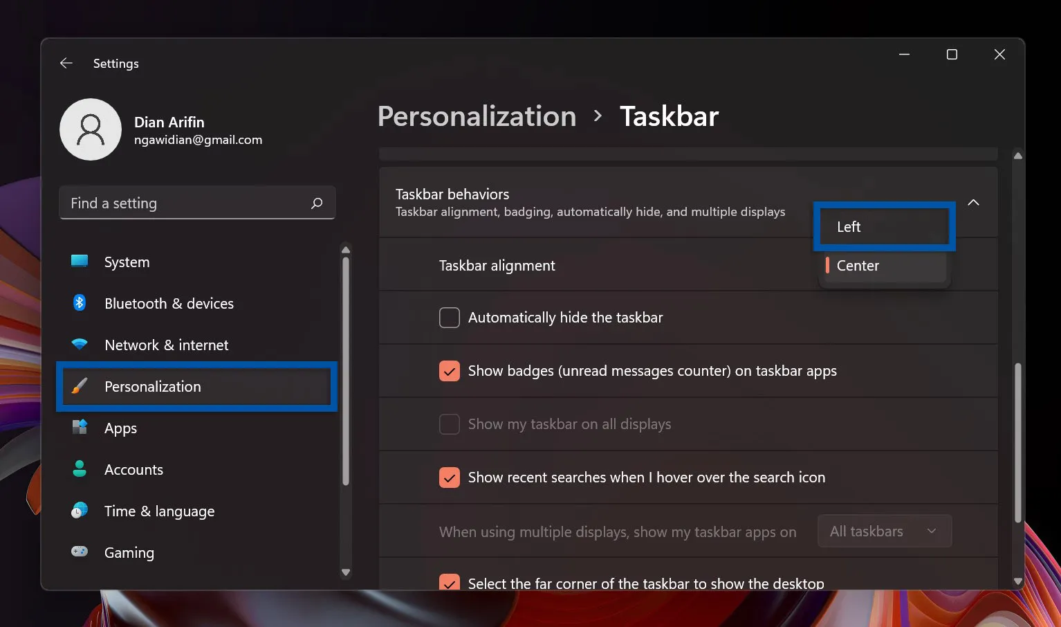 3 Ubah posisi Taskbar Windows 11