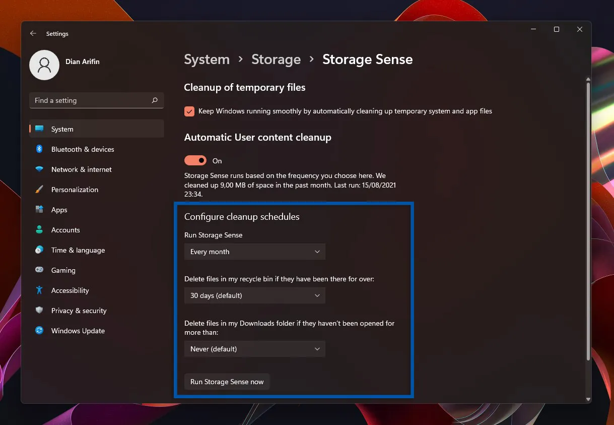 4 Atur jadwal Storage Sense