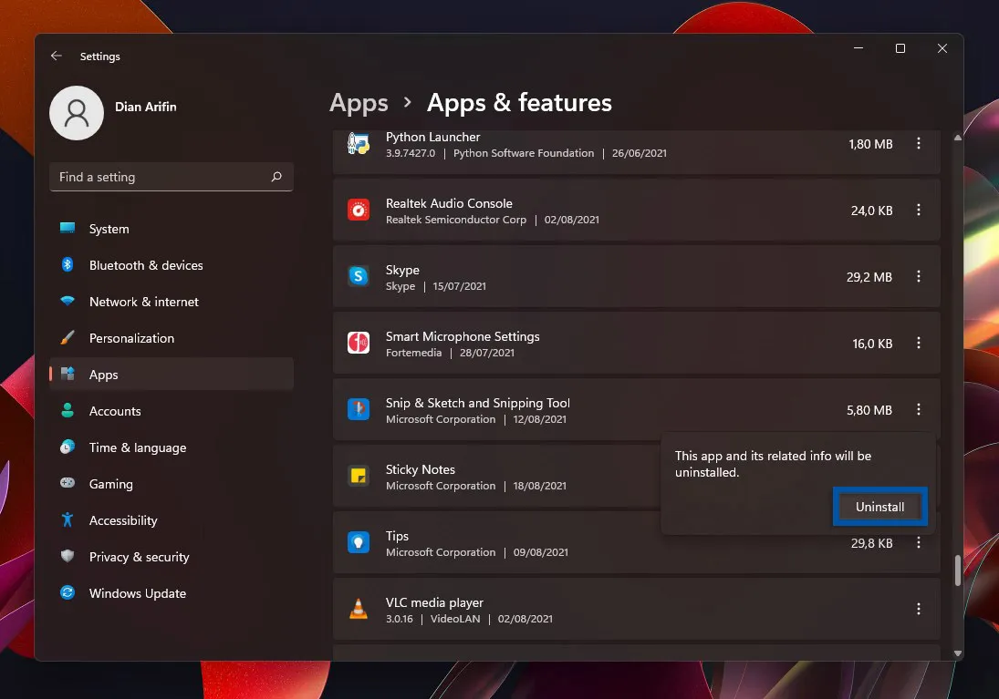 4 Klik Uninstall untuk hapus aplikasi