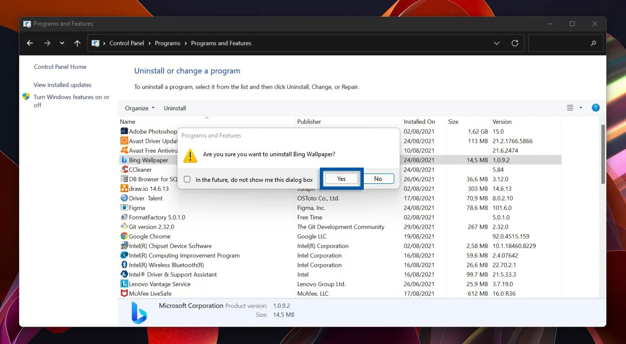 4 Klik yes untuk menghapus program