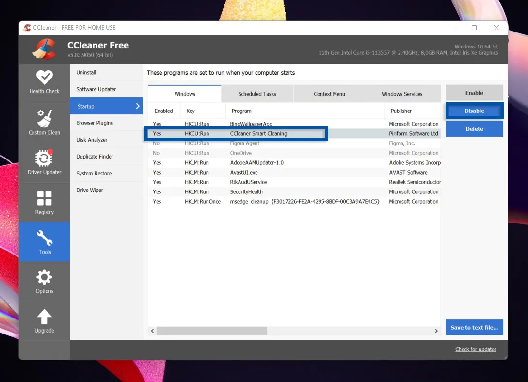Matikan aplikasi Startup CCleaner
