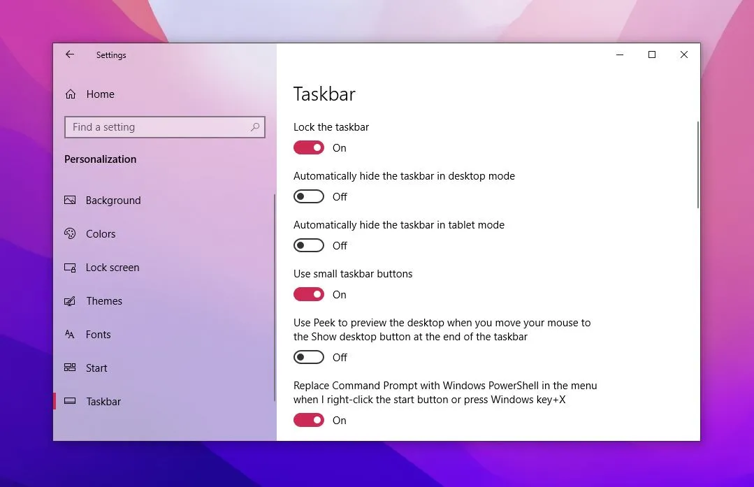 Ukuran taskbar Windows 10