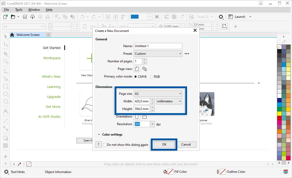 2 Atur ukuran dokumen A2 CorelDraw