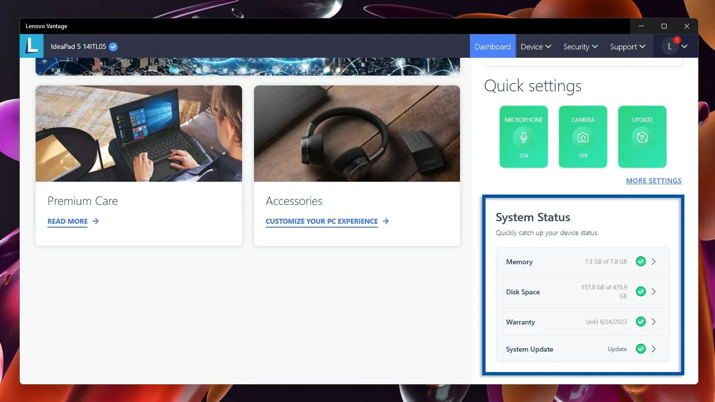 1 Informasi perangkat dari Lenovo Vantage