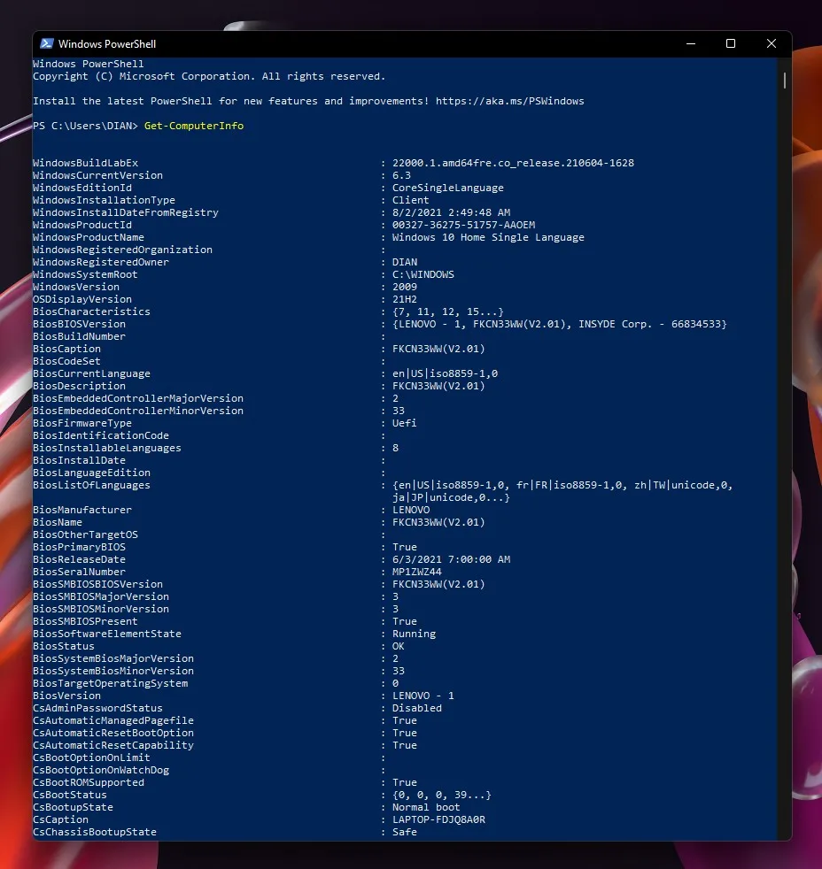 2 Informasi perangkat Get-ComputerInfo