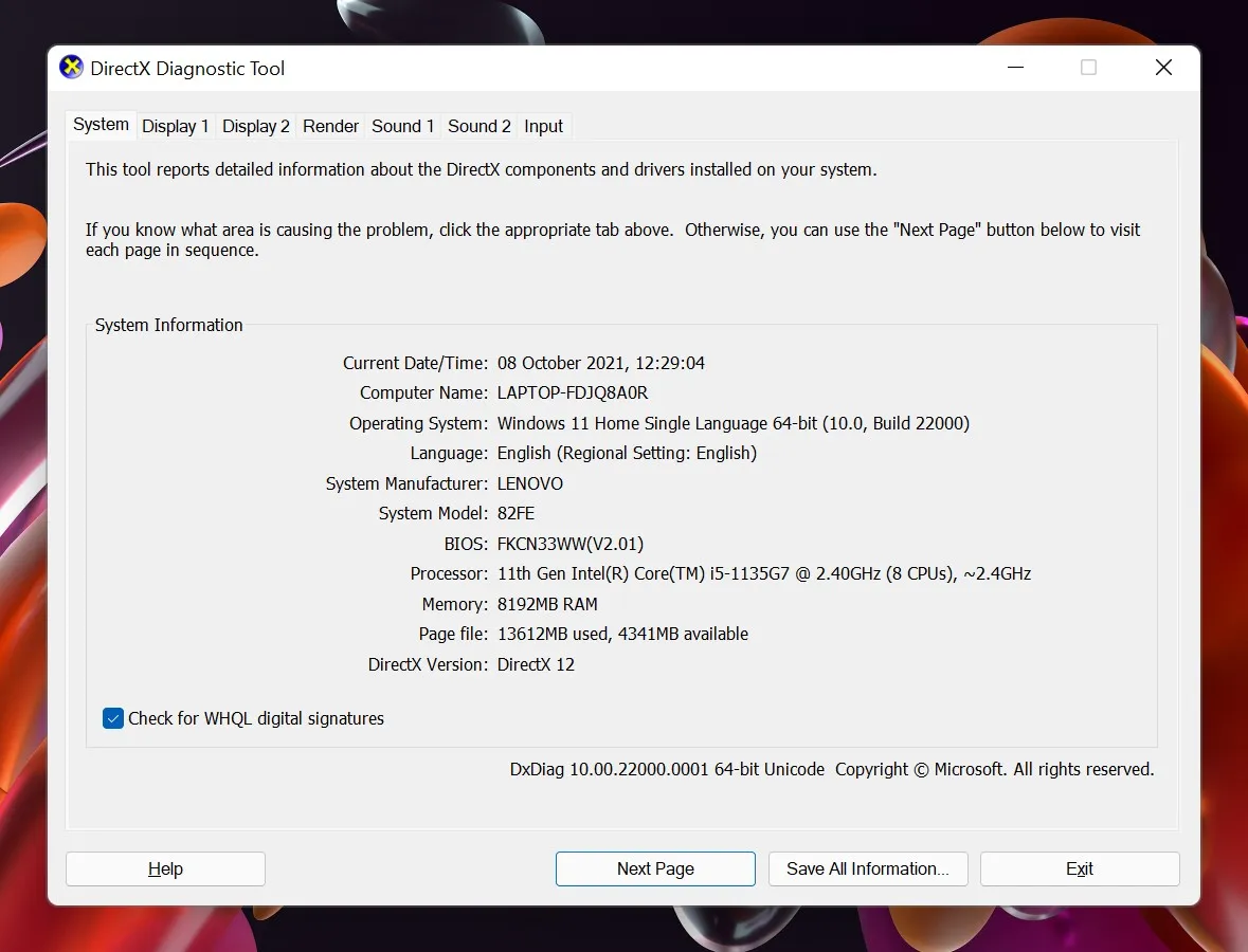 2 Informasi perangkat dari dxdiag