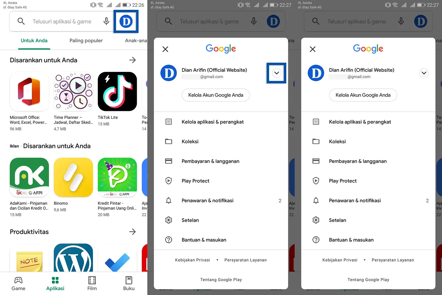 Melihat alamat email Google Play Store