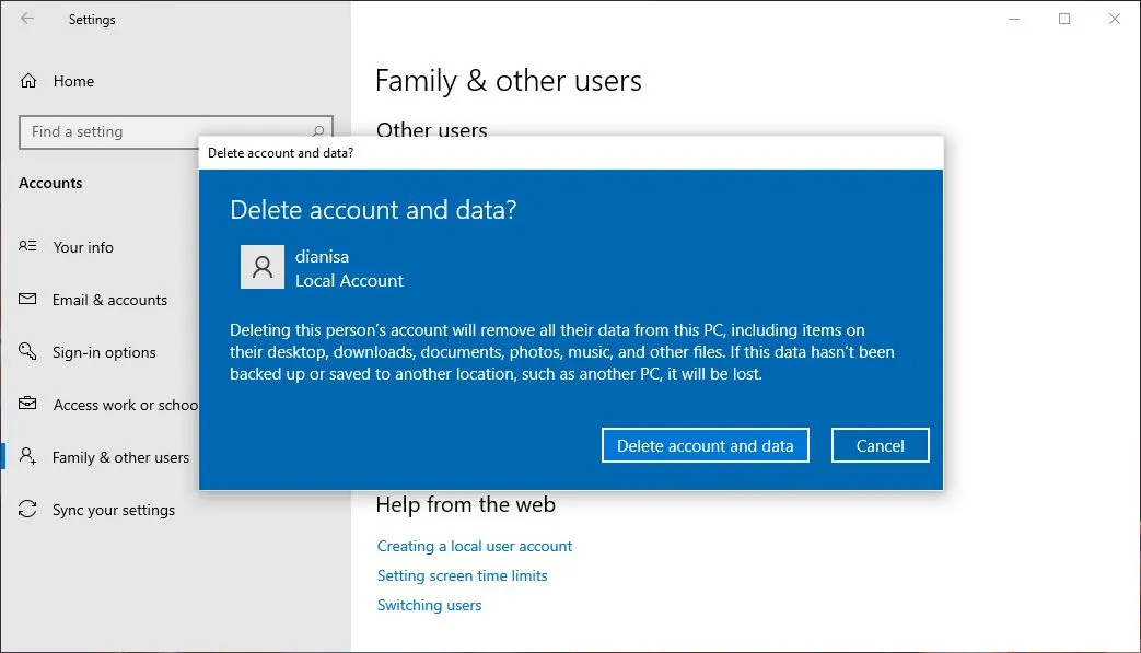 Menghapus akun Windows