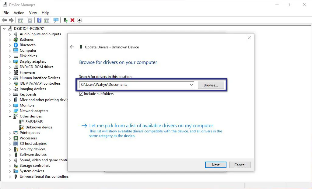 Pilih Lokasi Penyimapan Driver
