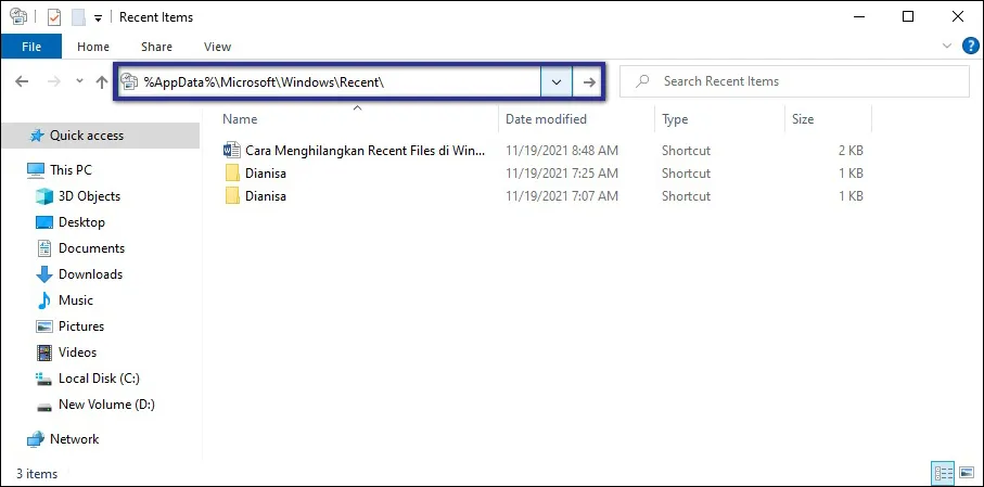 Akses Folder Recent Items