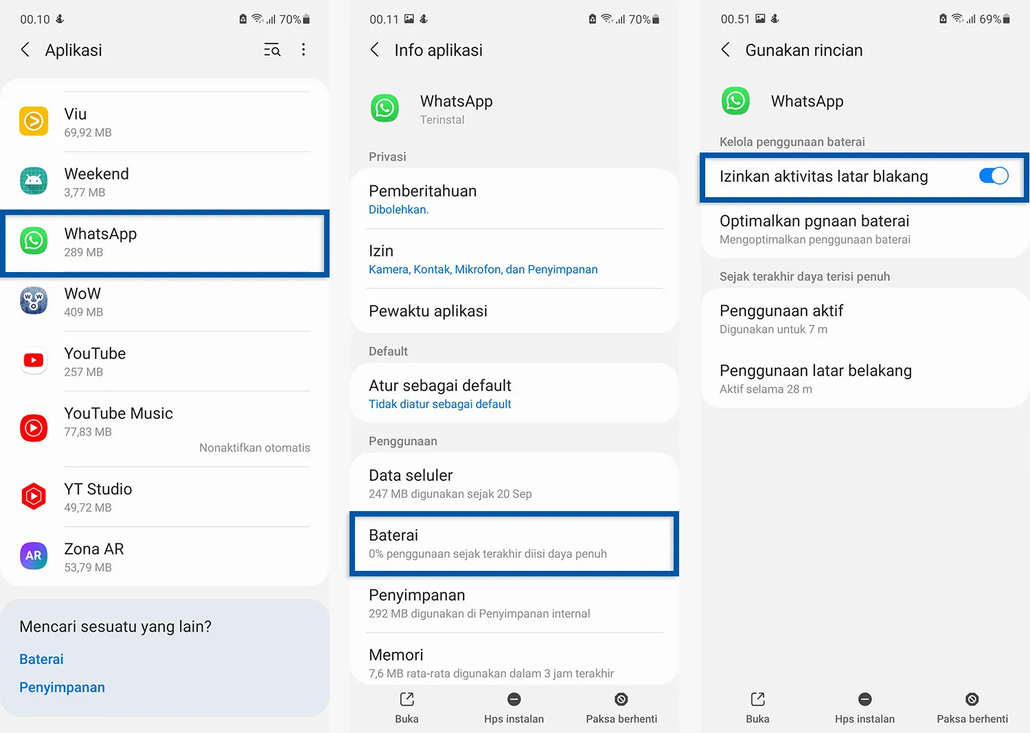 Aktifkan aktivitas latar belakang WhatsApp