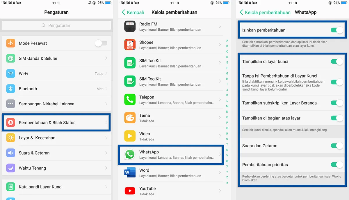 Cek izin notifikasi WhatsApp