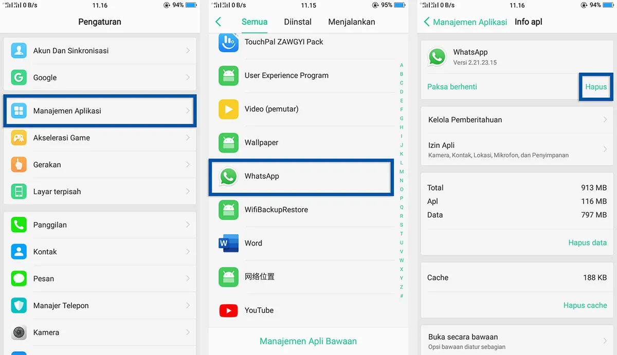 Hapus Data Aplikasi WhatsApp