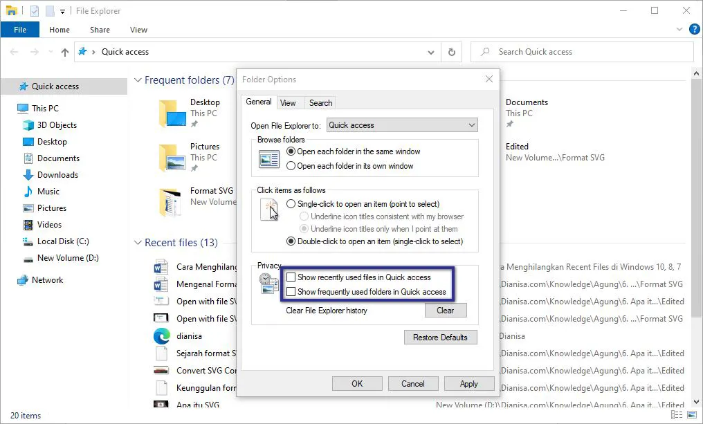 Hilangkan Recent Files Quick Access
