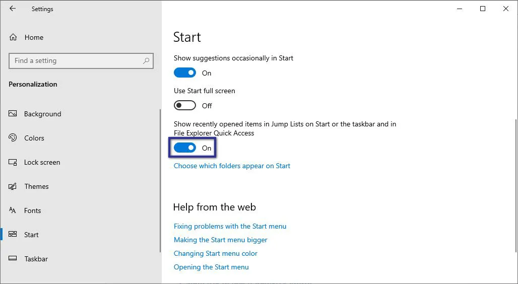 Nonaktifkan Recent Files Settings