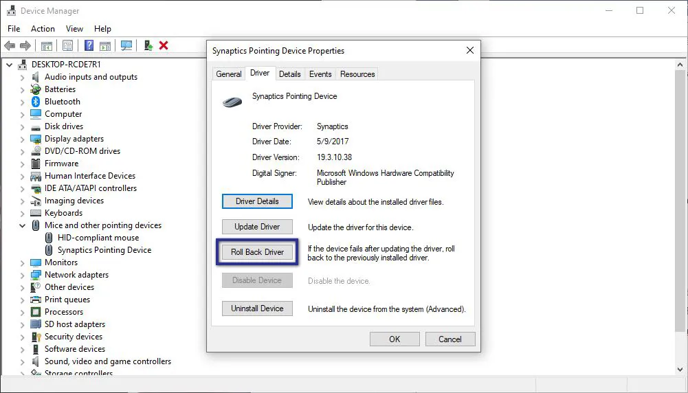 Roll Back Driver Touchpad
