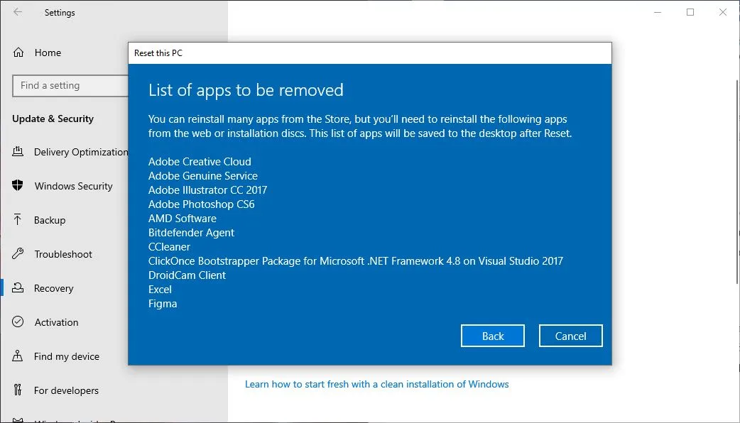 App Removed Reset PC