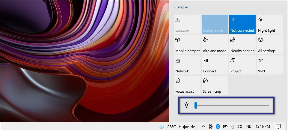 Brightness Action Center Windows
