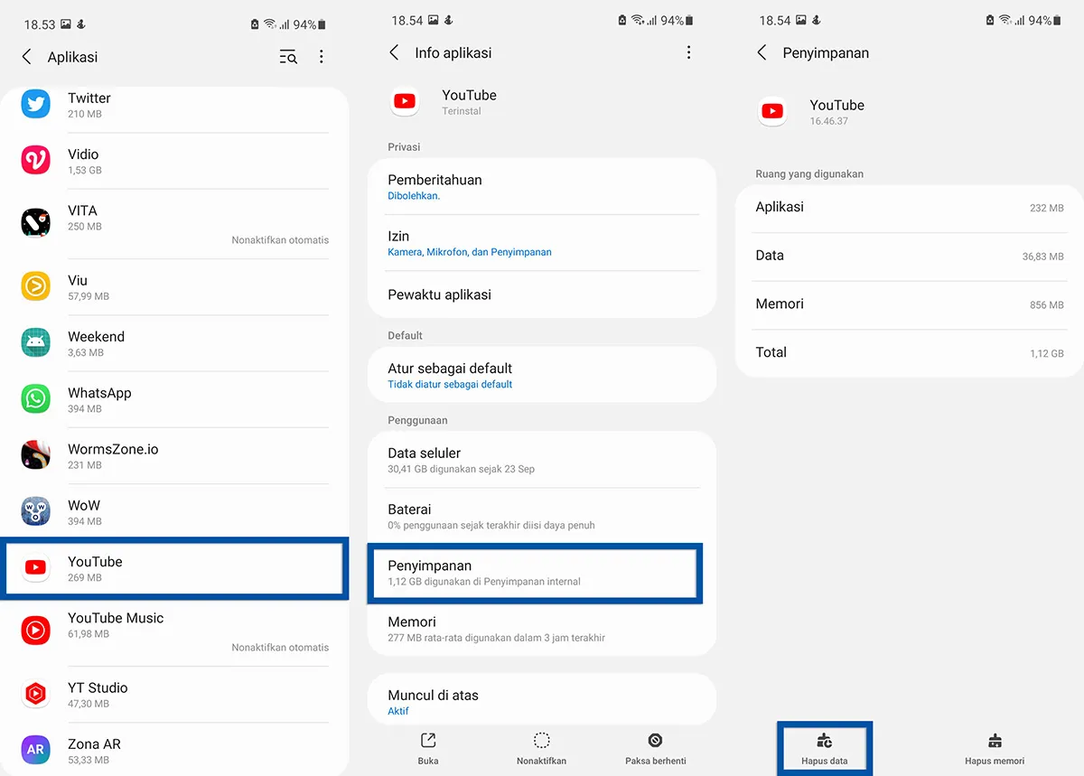 Hapus data aplikasi YouTube