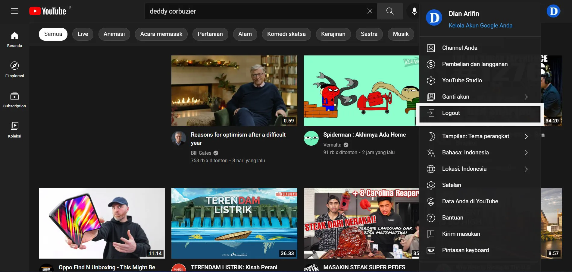 Keluar akun YouTube PC