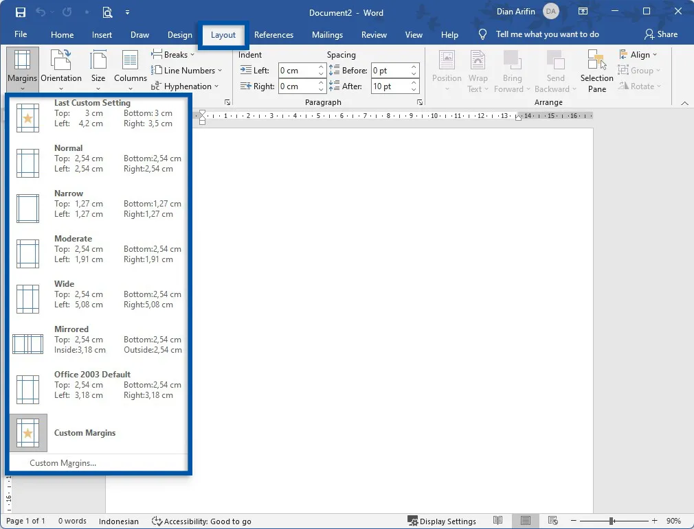 2 Klik Margins Microsoft Word