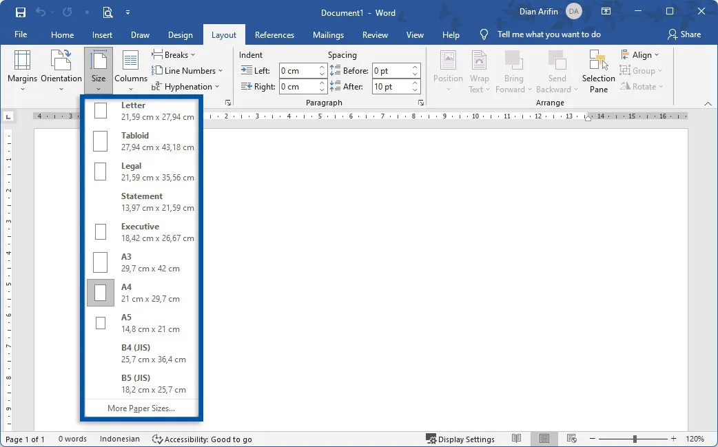 2 Klik Size Microsoft Word