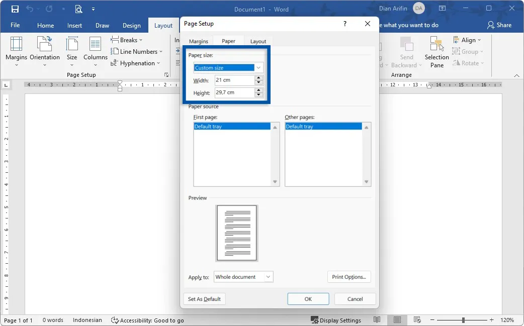 2 Kustom ukuran kertas Microsoft Word
