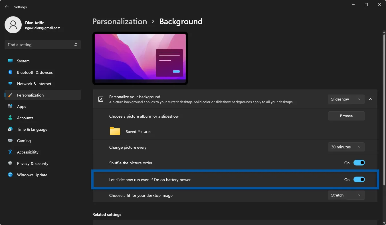 5 Jalankan slideshow pada saat menggunakan baterai