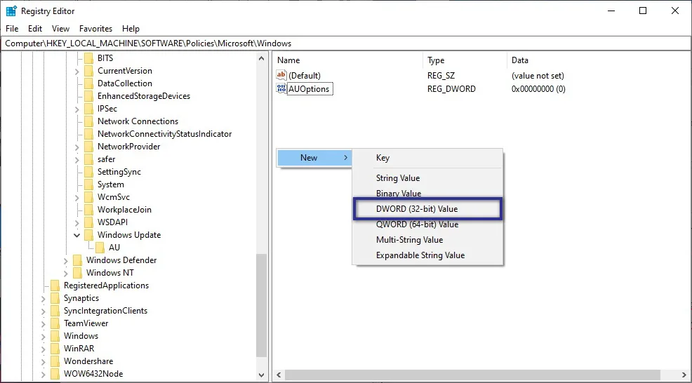 AUOptions Registry Editor