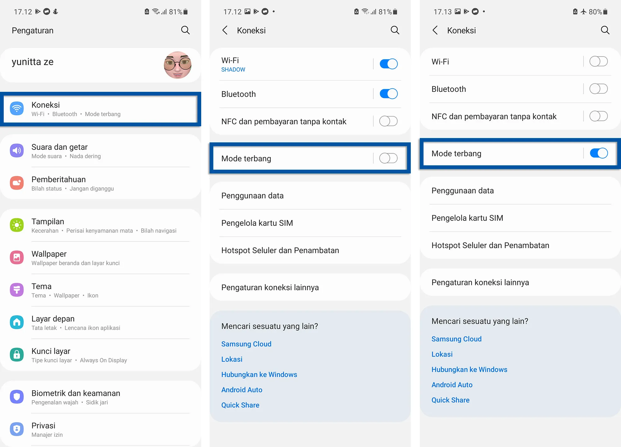 Aktifkan mode Pesawat Samsung