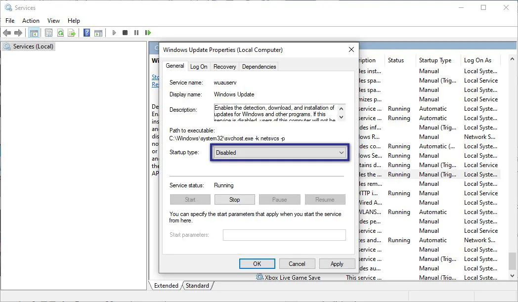 Disable Windows Update Service