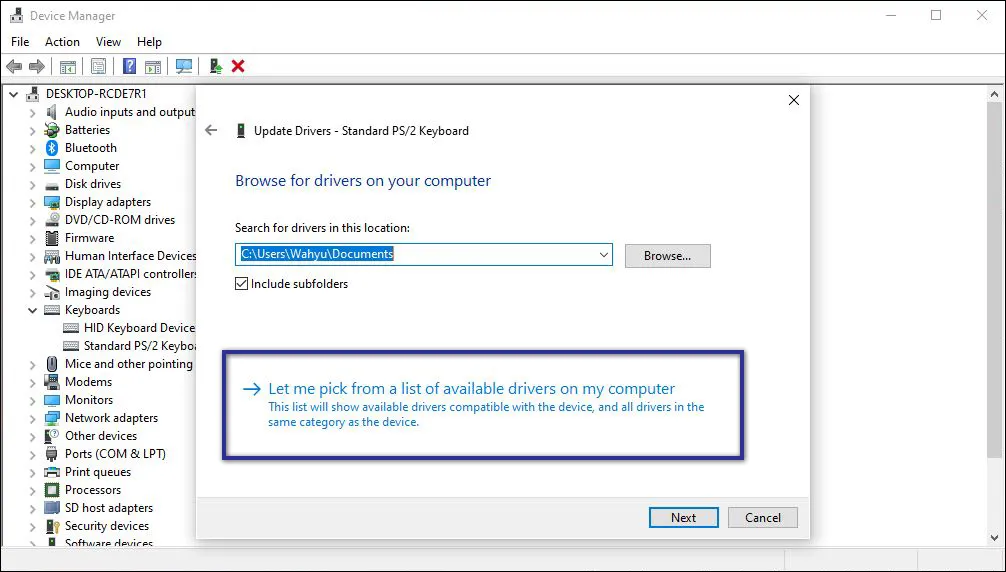 Memilih Opsi Update Driver Keyboard