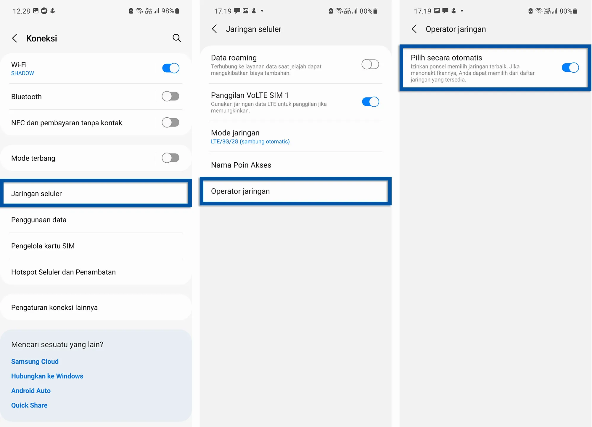 Pilih jaringan otomatis Samsung