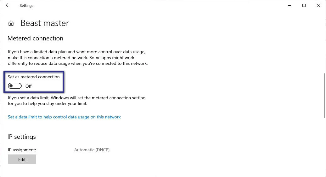 Settings Metered Connection