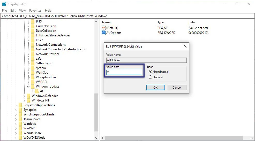Value Data AUOption Registry