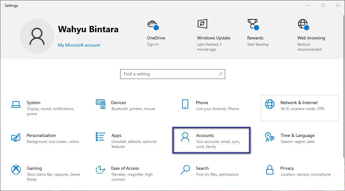 Account Settings Windows 10