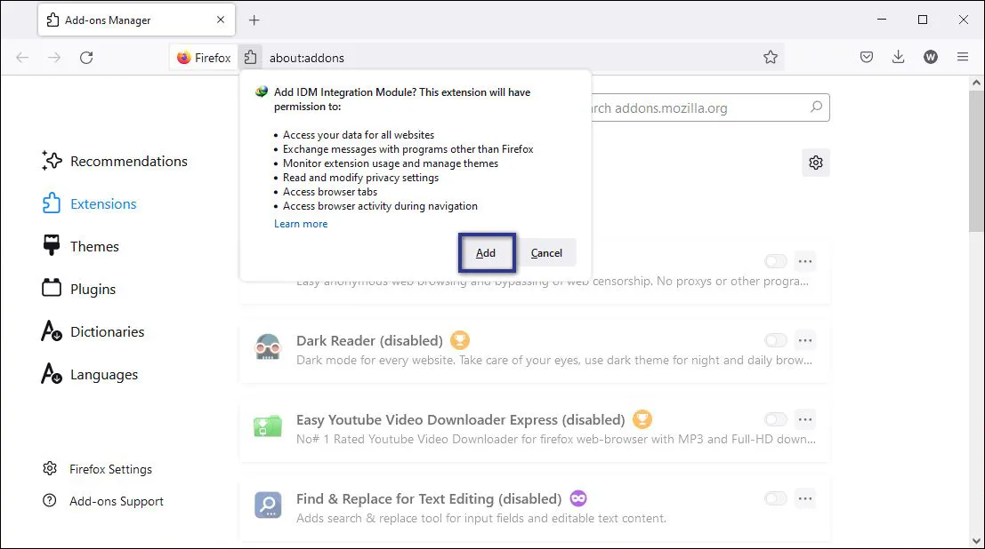 Add IDM di Mozilla Firefox