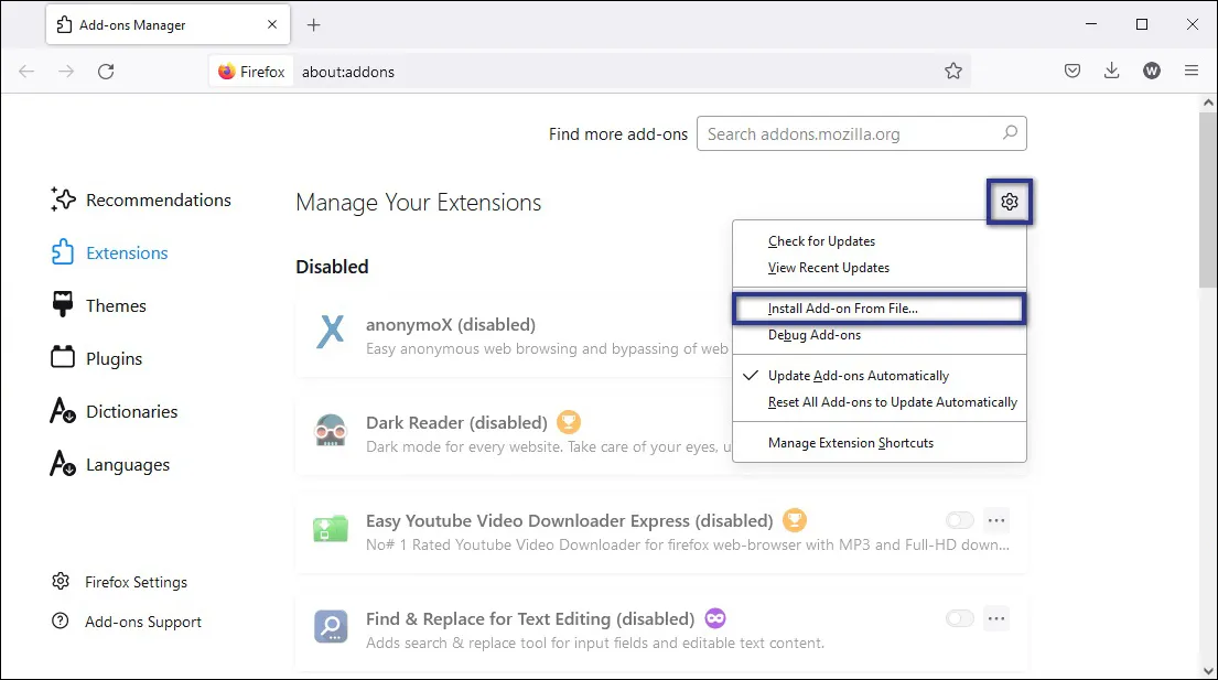 Add-on From File Mozilla Firefox