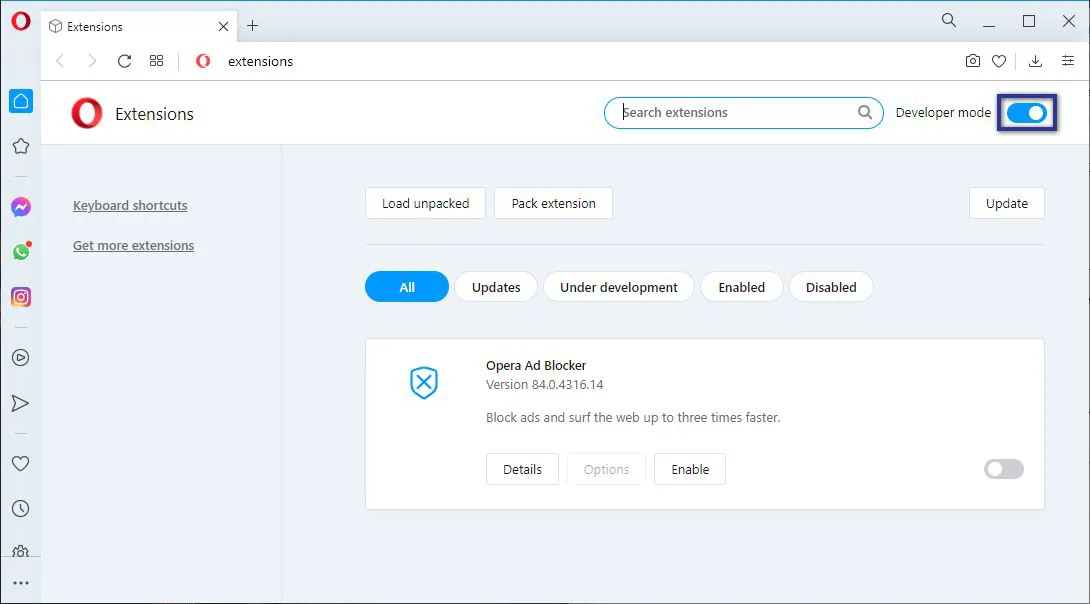 Aktifkan Developer Mode Opera