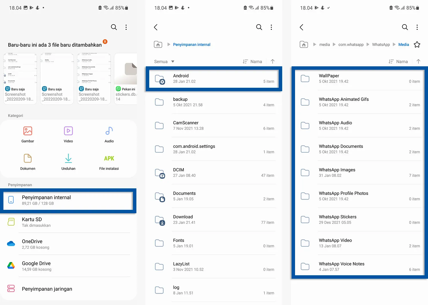 Bersihkan file WhatsApp melalui File Manager