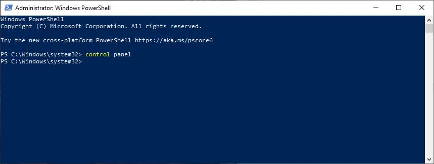 Control Panel Lewat PowerShell