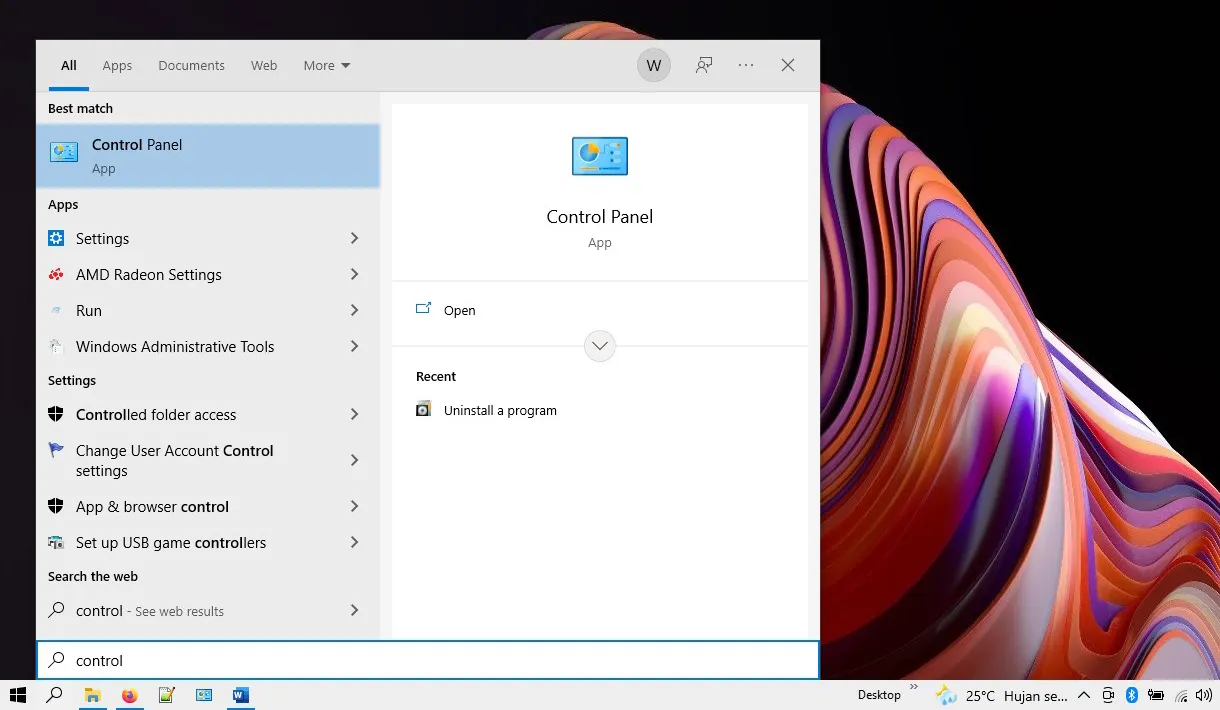 Control Panel Lewat Search Box