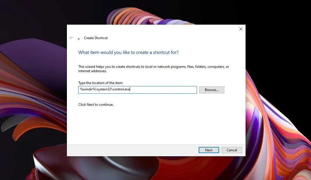 Create Shortcut Control Panel